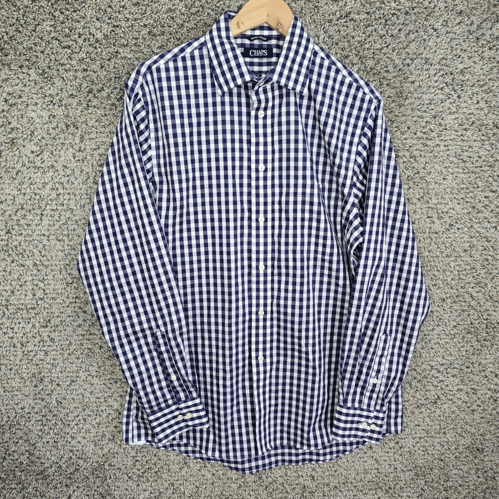 Chaps Shirt Mens 16 34/3‎ Blue Button Up Gingham Check Non Iron Cotton Casual